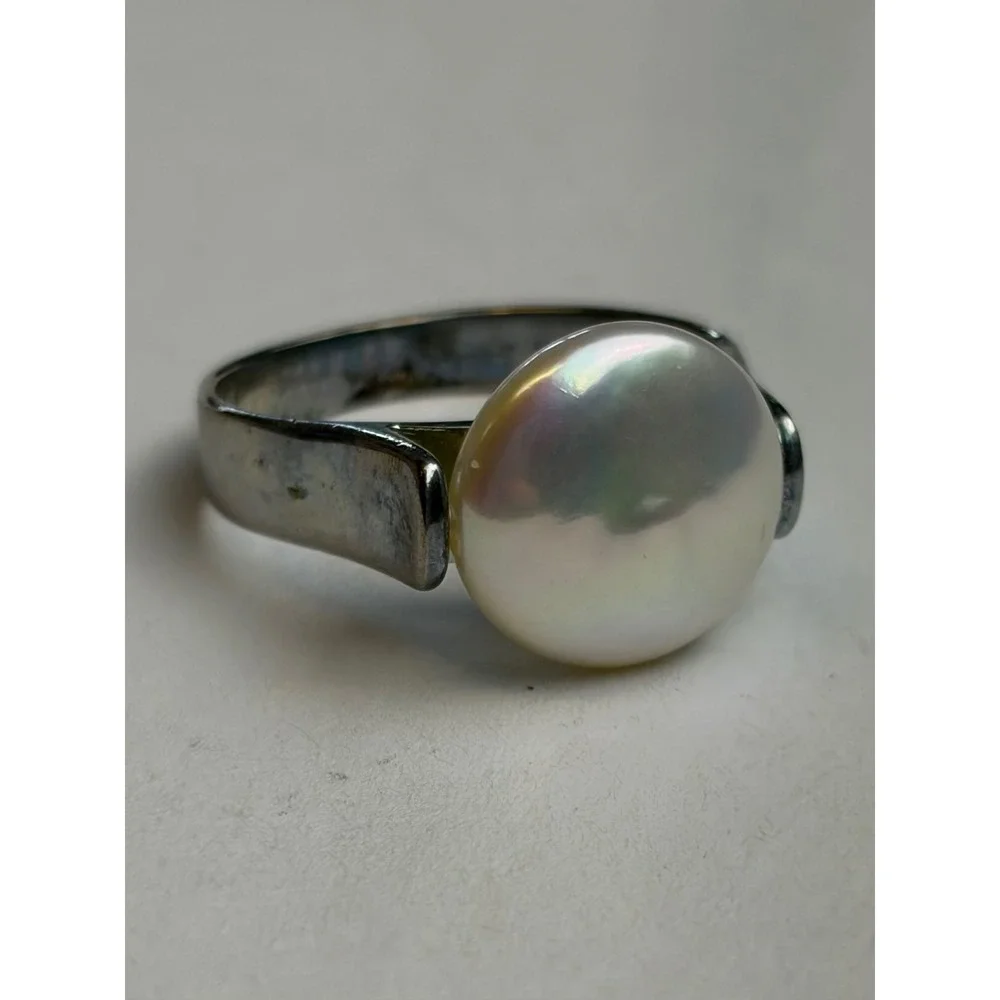 LUC Pearl Ring Sz 8.5 Silver 925 Sterling Iridescent Modernist Solitaire Lucoral